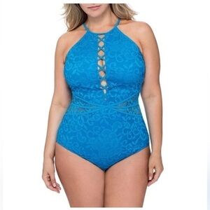 NWT Pofile by Gottex Blue Lacrosse  Lace Corset Style Swimsuit Size 12